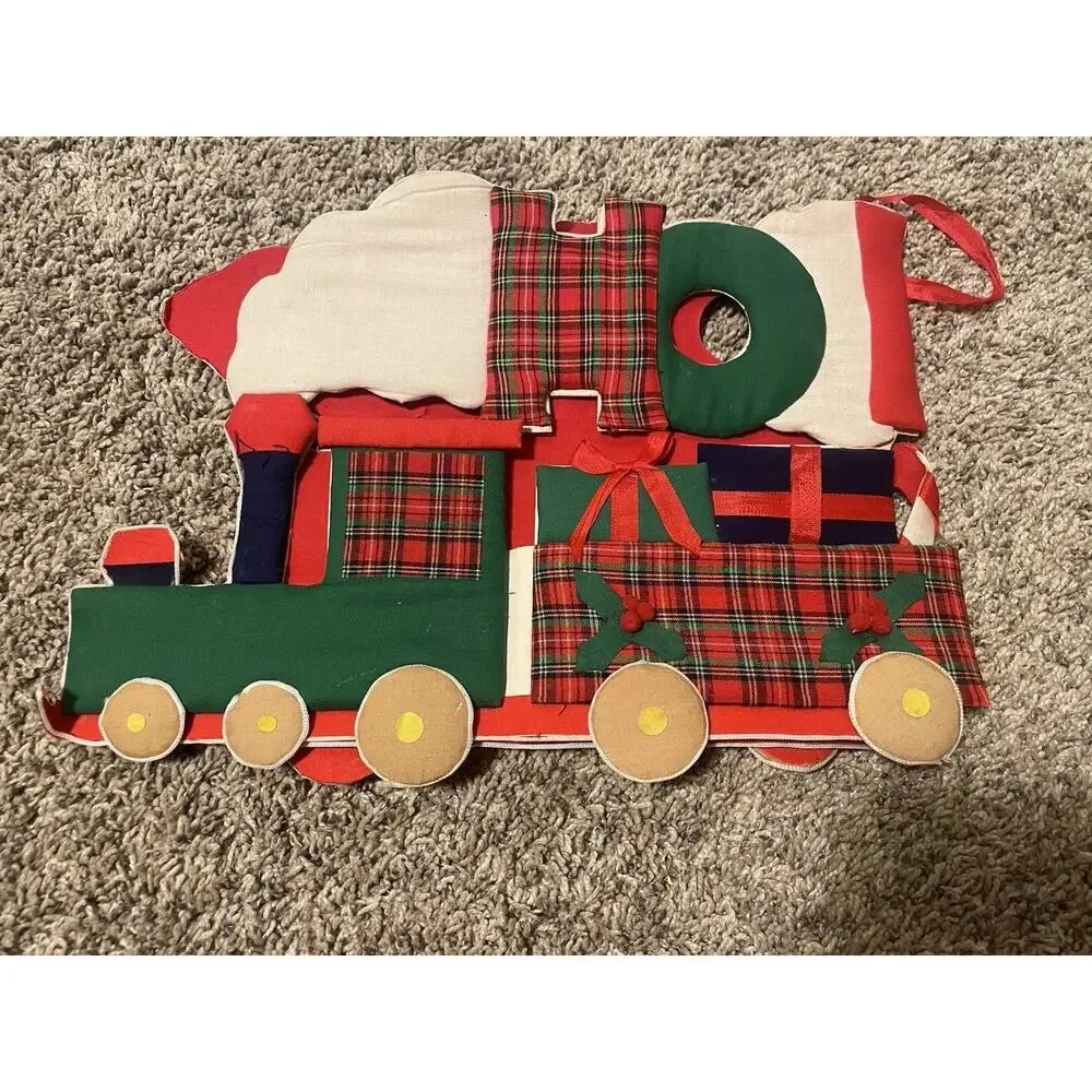 VTG Christmas Train Ho Ho Ho Wall Decor Handmade Fabric Holiday